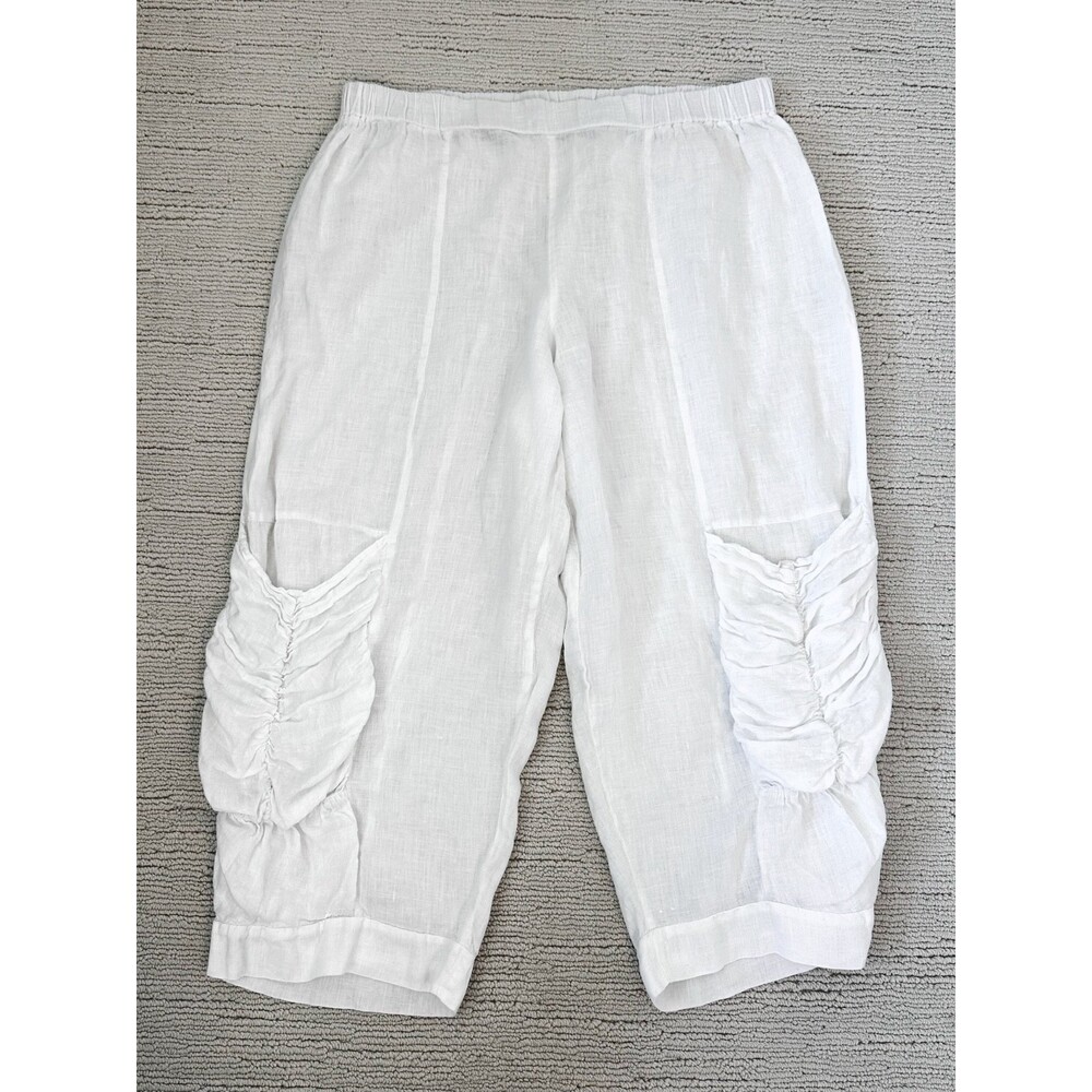 LUUKAA 100% Linen Crop Pants Womens 20 White Cargo Plus Size Beachy Lagenlook